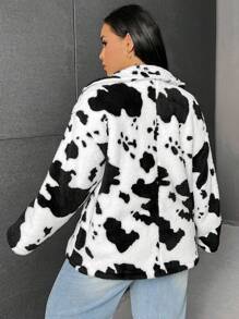 SHEIN EZwear Hơn Hình con bò Thả vai Áo Teddy Jackets - Đen và trắng - Xem 2