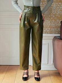 SHEIN Frenchy 高腰 PU 皮褲 - 軍綠色 - 查看 3