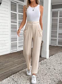 SHEIN Frenchy Quần ống đứng có túi xéo trơn - Màu be - Xem 1