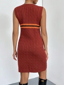 SHEIN Qutie Striped Pattern Cable Knit Sweater Dress Without Blouse - Burgundy - View 4