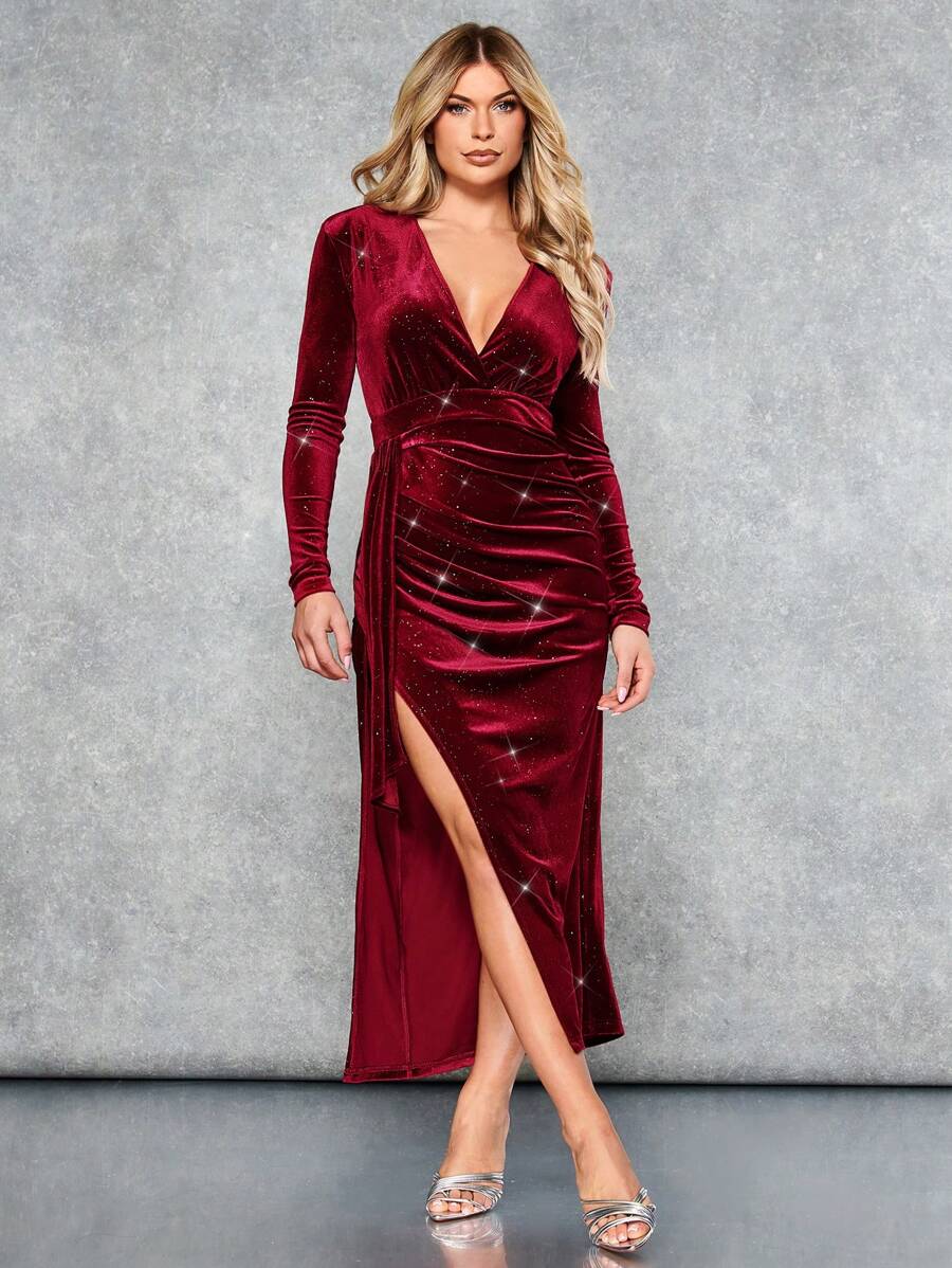 SHEIN BAE Đầm nhung xẻ đùi xẻ đùi trước cổ trễ - Màu Đỏ Sâu - Xem 1