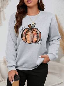 SHEIN EZwear Plus Pumpkin Print Drop Shoulder Sweatshirt - Grey - View 7