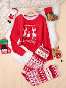 SHEIN Leap Crew Tween Girls Pajamas for Christmas - Red - View 1