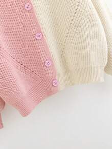 SHEIN Tween Girl Two Tone Drop Shoulder Open Knit Detail Cardigan - Pink - View 5