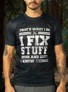 男士標語圖案運動T恤 - 黑色 - 查看 4