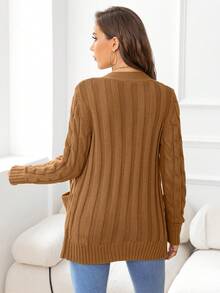 DEARCASE Cable Knit Pocket Patched Button Front Cardigan - Camel - View 2