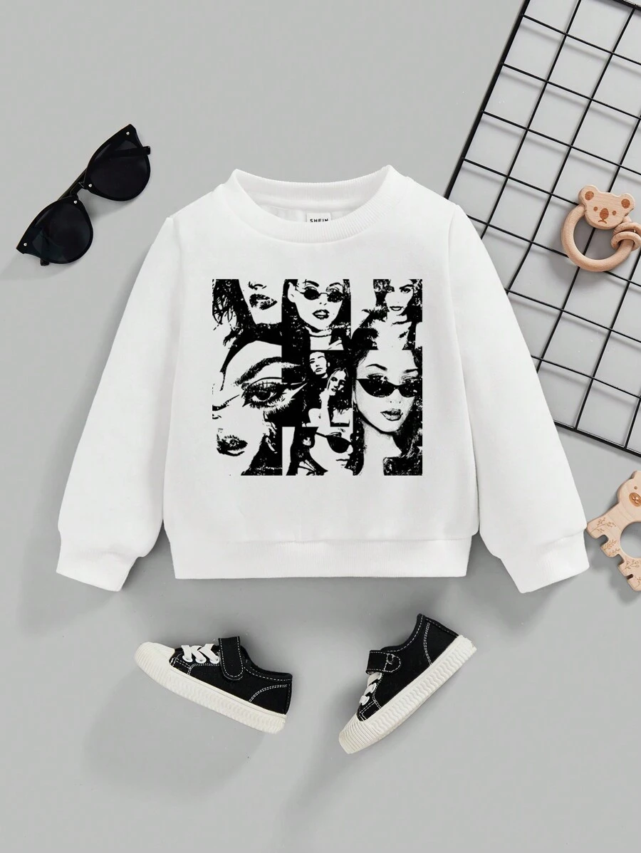 Young Girl Figure Graphic Thermal Lined Sweatshirt - White - View 1