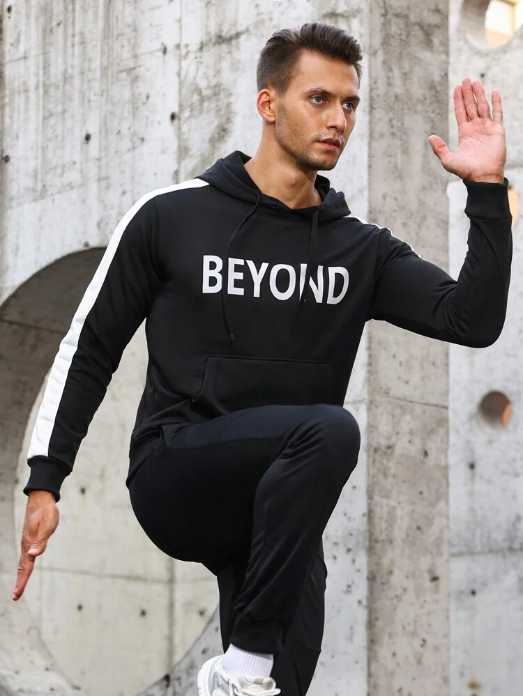 Men Letter Graphic Contrast Side Seam Drawstring Sports Sweatshirt Men Sweatshirt