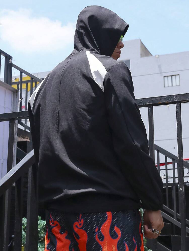 Men Colorblock Zip Up Hooded Sports Jacket Workout Tops