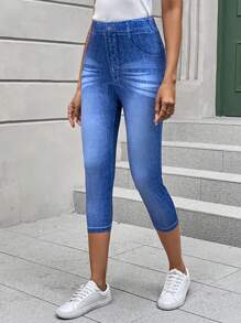 SHEIN LUNE High Waist Skinny Capri Leggings - Blue - View 3