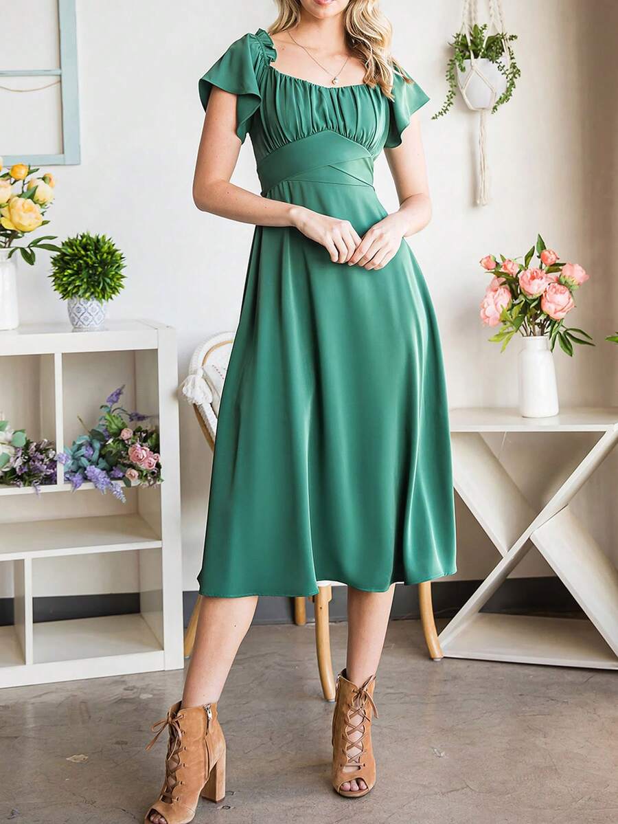 胸部褶皺打褶後綁帶洋裝 - 綠色 - 查看 1