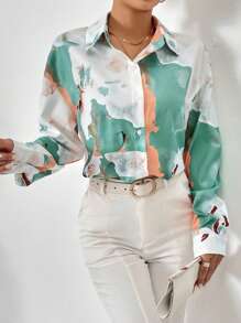 SHEIN Privé Áo sơ mi nữ Nút phía trước Tất cả trên in Giải trí - Nhiều màu - Xem 3