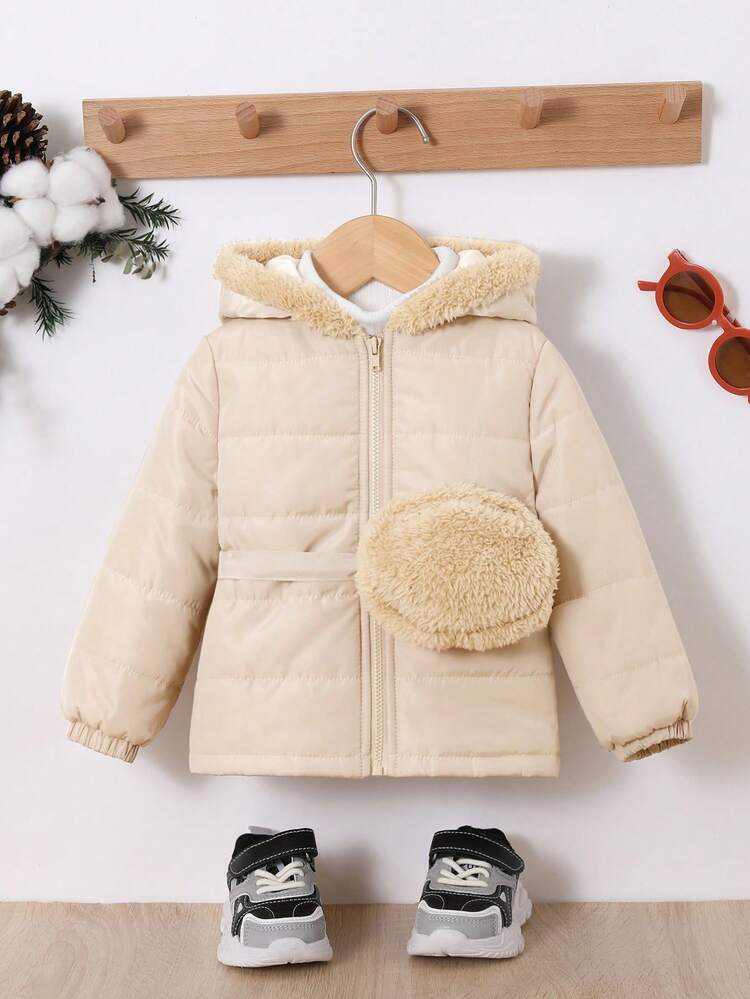 Baby Girl Teddy Lined Hooded Padded Coat & Bag