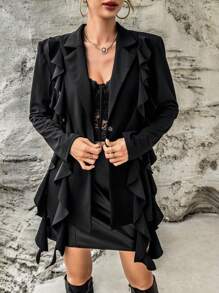 SHEIN Privé Solid Ruffle Trim Blazer - Black - View 5