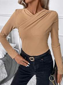 SHEIN Clasi Chất rắn Đan chéo Áo thun - màu nâu - Xem 5