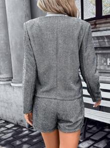SHEIN Frenchy Nút phía trước Xương cá trích Áo khoác & Quần short - Màu xám đen - Xem 2