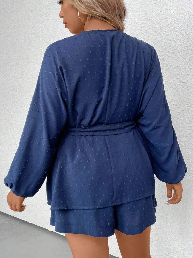 Plus Swiss Dot Open Front Coat & Shorts Fall Cloth For Women