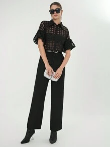 SHEIN Privé 格紋網紗落肩袖短款襯衫不附文胸