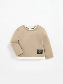 SHEIN Baby Boy Color Blocked Drop Shoulder Decor Zipper Detail Long Sleeve Top With Drawstring Cuffed Joggers Set - Khaki - View 3