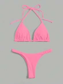 SHEIN Swim Summer Beach Solid Bikini Set Halter Triangle Bra & Thong 2 Piece Bathing Suit - Pink - View 1