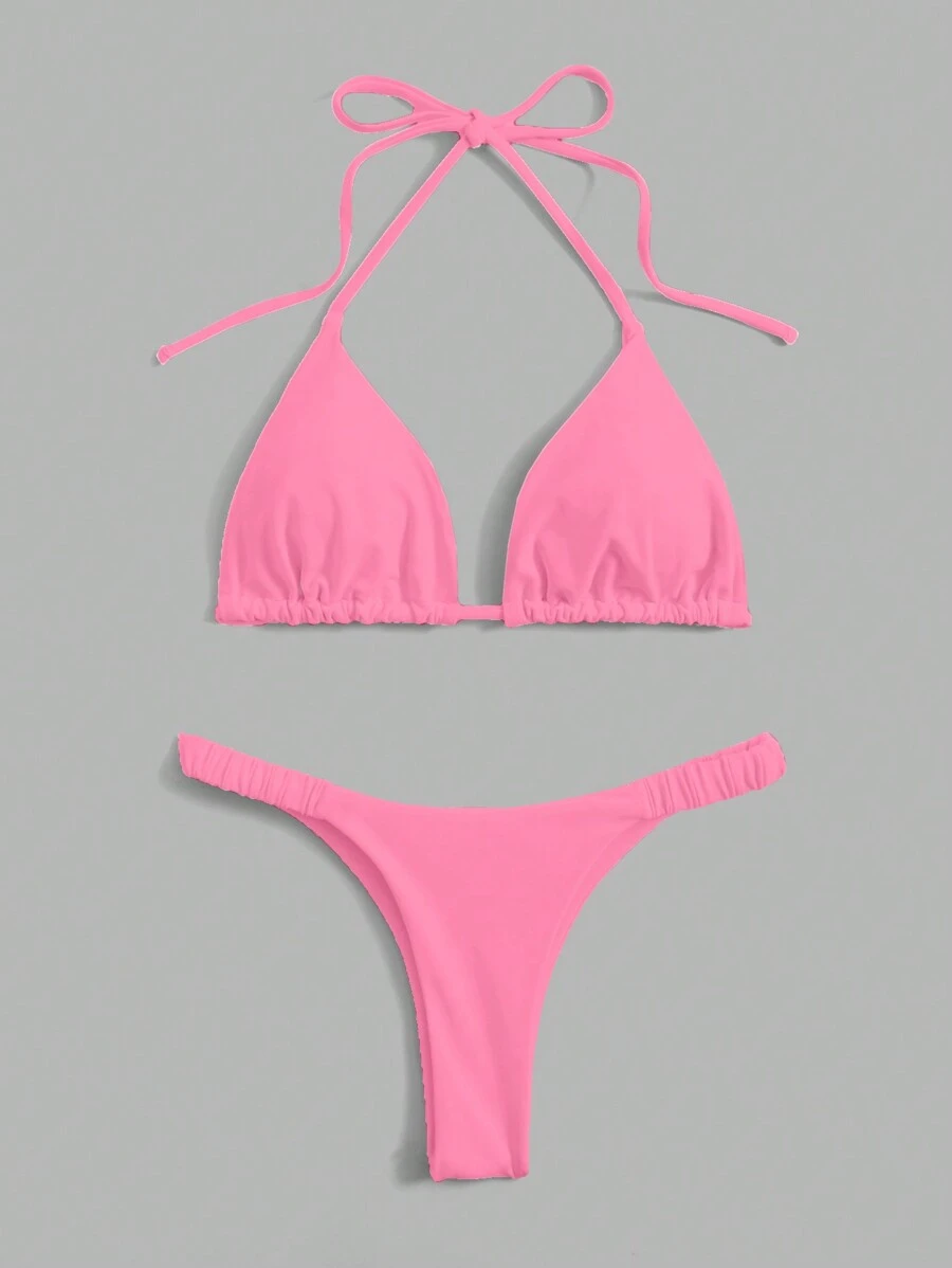 SHEIN Swim Summer Beach Solid Bikini Set Halter Triangle Bra & Thong 2 Piece Bathing Suit - Pink - View 1