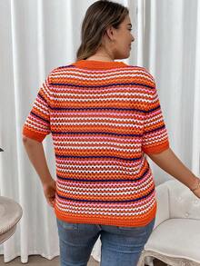 SHEIN Franclia 休閒條紋大碼針織上衣 - 橘色 - 查看 2