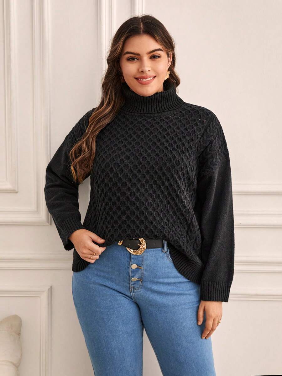 SHEIN Frenchy 大碼高領落肩袖套頭毛衣 - 黑色 - 查看 1