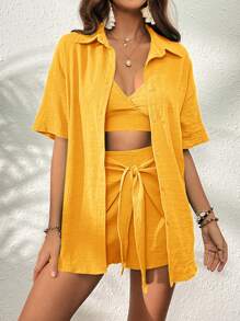 SHEIN VCAY Solid Cami Top & Tie Front Shorts & Drop Shoulder Blouse - Yellow - View 4