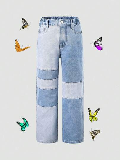 女大童撞色闊腿牛仔褲