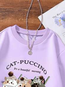 SHEIN Tween Girl Cartoon And Slogan Graphic Sweatshirt - Purple - View 3