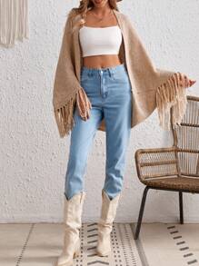 SHEIN VCAY Batwing Sleeve Fringe Hem Cardigan - Apricot - View 5