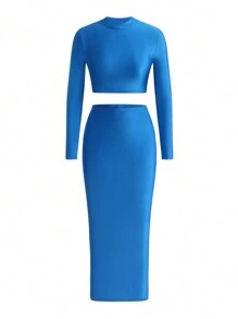 SHEIN BAE High Neck Crop Top & Pencil Skirt Set - Blue - View 7