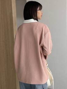 FRIFUL Letter Graphic Contrast Collar Drop Shoulder Polo Neck Tee - Pink - View 2