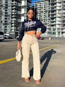 SHEIN SXY Áo hoodie dây rút có dây rút hình chữ cái - Màu xanh lam - Xem 1
