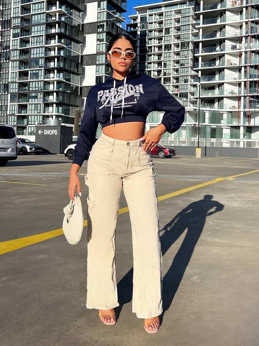 SHEIN SXY Áo hoodie dây rút có dây rút hình chữ cái - Màu xanh lam - Xem 1