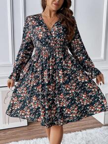 Flirla Plus Ditsy Floral Print Flare Sleeve Dress