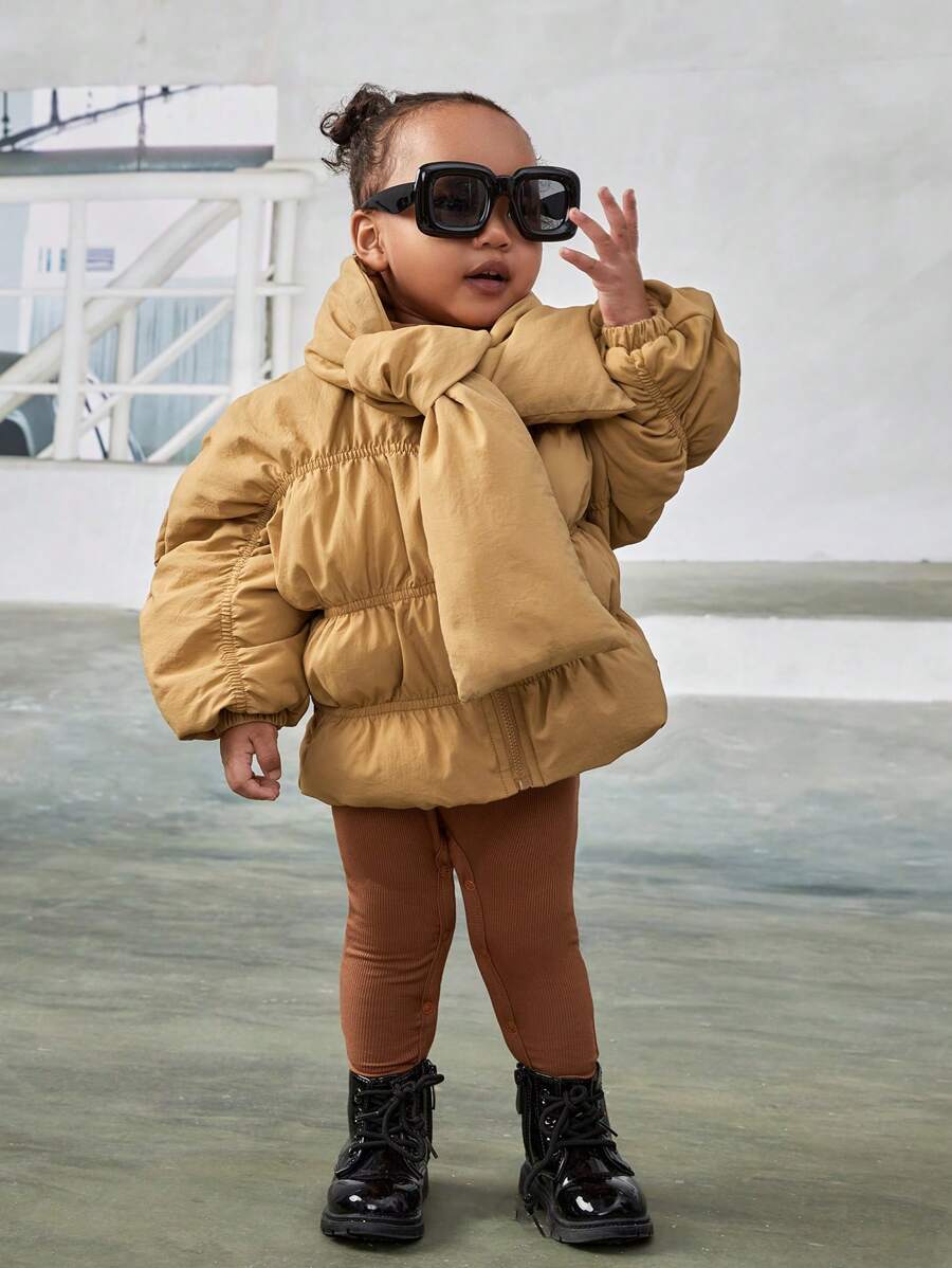 SHEIN Baby Girl Zip Up Padded Coat & Scarf,In Fall/Winter - Khaki - View 1