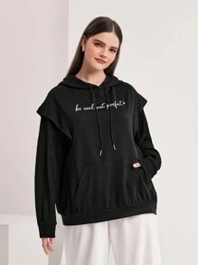 Mulvari 加大码字母图案袋鼠口袋抽绳卫衣 - 黑色 - 查看 2