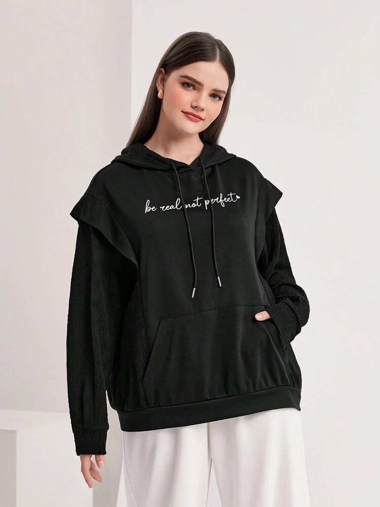 Plus Size Letter Graphic Kangaroo Pocket Drawstring Sweatshirt