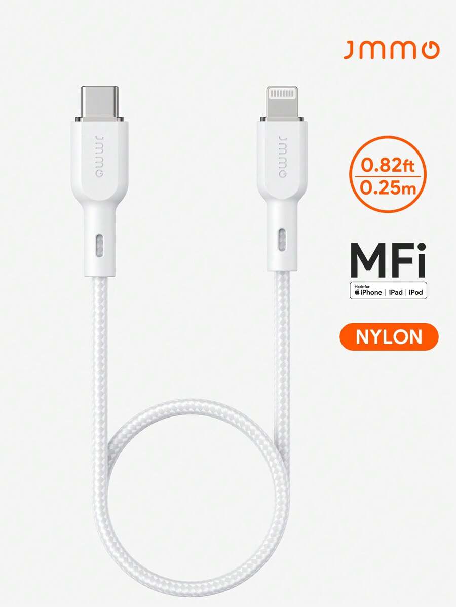 JMMO 1條尼龍編織 USB-C 轉 Lightning 傳輸線,0.82FT/0.25M,18W,MFi 認證 - 白色 - 查看 1