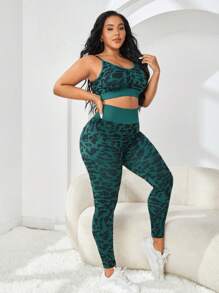 SHEIN Yoga Trendy Plus Leopard Print Wide Waistband Sports Set - Multicolor - View 6