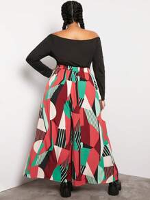 SHEIN CURVE+ Hơn Địa lý In chắp vá Quần ống rộng - Màu Hồng Tươi - Xem 2