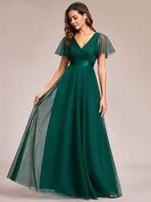 Elegant V-Neck A-Line Sheer Dark Green Bridesmaid Dress, Suitable For Wedding Guests, Wedding Parties, Formal Occasions, Valentine's Day And More - Dark Green - View 6