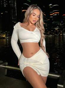 Zolique 素色短款上衣和不對稱下擺針織包臀半身裙 - 杏色 - 查看 1