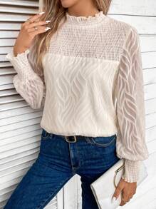 SHEIN Frenchy Frill Trim Lantern Sleeve Blouse - Apricot - View 4