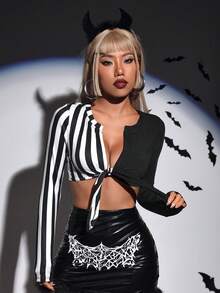 SHEIN ICON 條紋印花前打結短款T恤 - 黑與白 - 查看 4