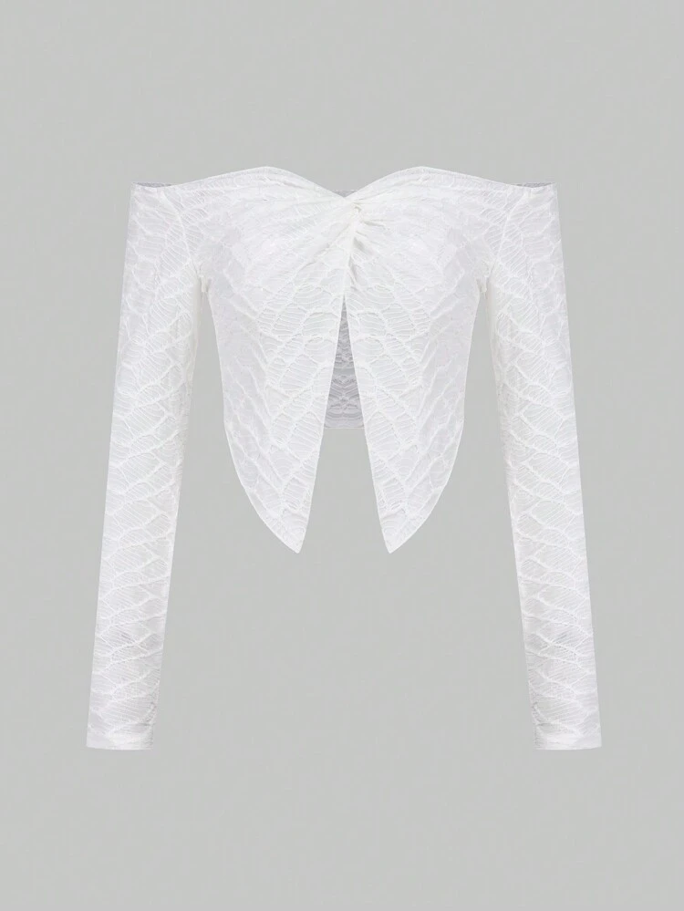 Off Shoulder Twist Front Asymmetrical Hem Crop Top