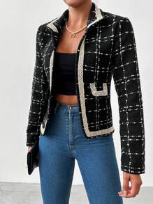 Hoa văn kẻ sọc Viền tương phản Chi tiết về Flap Áo khoác - màu đen - Xem 3