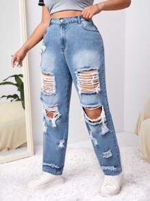 SHEIN ICON Jeans rectos con roturas, modelo novio talla grande