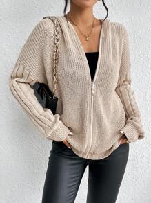 SHEIN Essnce Dây kéo Thả vai áo có mũ Áo len Mở - Màu be - Xem 1